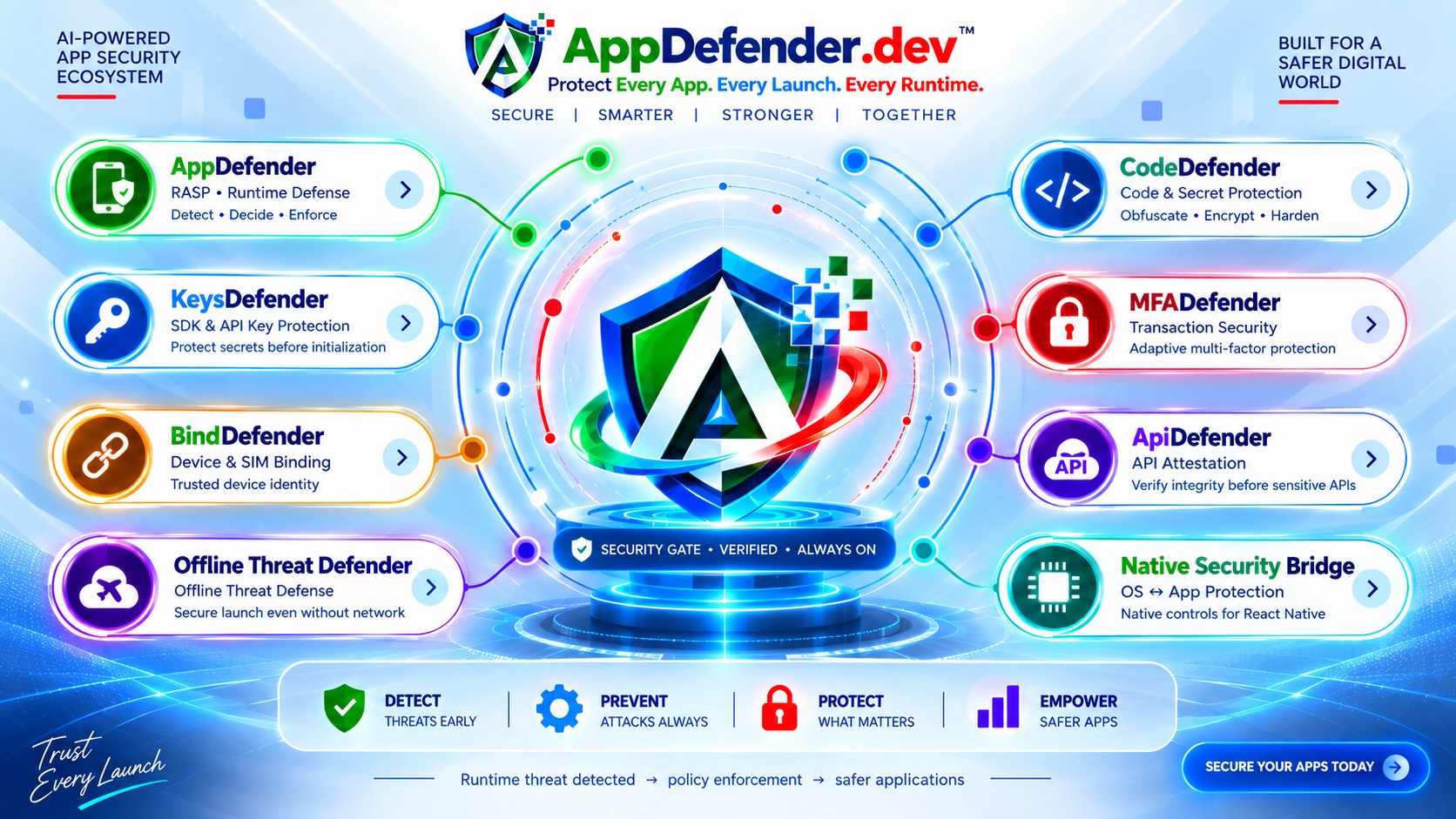 AppDefender.dev — Protect Every App. Every Launch. Every Runtime. Launch Security Gate with AppDefender, CodeDefender, KeysDefender, BindDefender, ApiDefender, MFADefender, Offline Threat Handling, and the Native Security Bridge.
